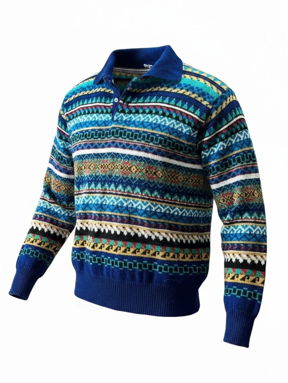 🔻900$ KENZO VINTAGE Blue Multicolore Geometric Patterned  Wool Knit Sweater Polo